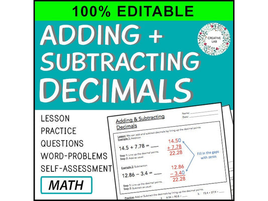 Adding and Subtracting Decimals - Lesson & Practice Questions - 100% Editable // Printable Teaching Resource // No Prep Classroom //