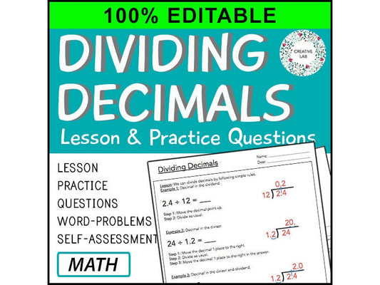 Dividing Decimals - Math Lesson & Practice Questions - 100% Editable // Printable Teaching Resource // No Prep Classroom //