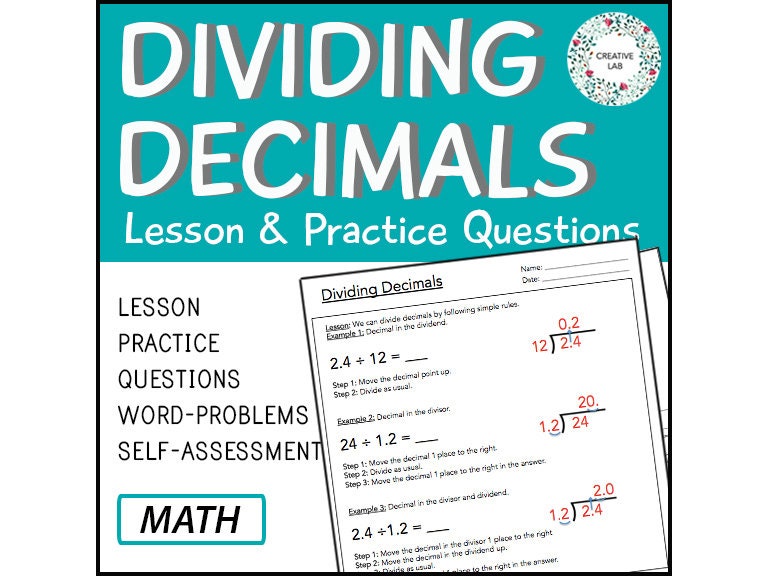 Math Dividing Decimals - Lesson & Practice Questions // Printable Teaching Resource // No Prep Classroom //