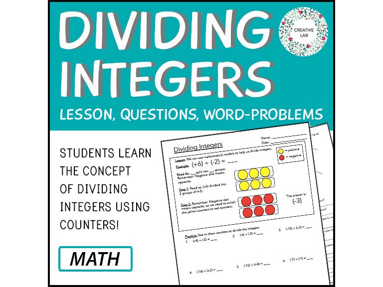 Math Dividing Integers - Lesson & Practice Questions // Printable Teaching Resource // No Prep Classroom //