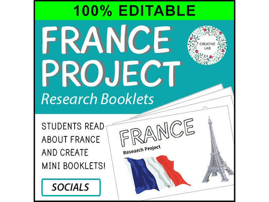 France Research Project Booklets - Passages Included - 100% Editable // Printable Teacher Resource // No Prep Classroom // Geography Social