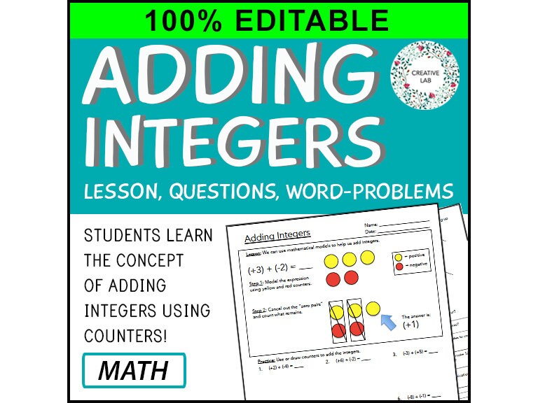 Adding Integers - Lesson & Practice Questions - 100% Editable // Printable Teaching Resource // No Prep Classroom // Math