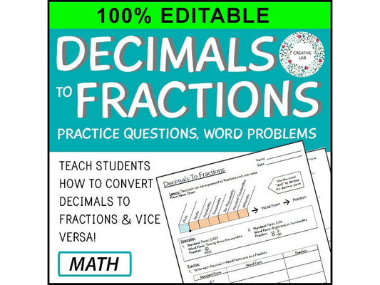 Math Decimals To Fractions - Mixed Numbers - 100% Editable // Printable Teaching Resource // No Prep Classroom //