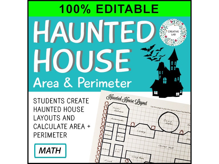 Math Haunted House Design - Area & Perimeter - 100% Editable // Printable Teaching Lesson School Resource // No Prep Classroom //