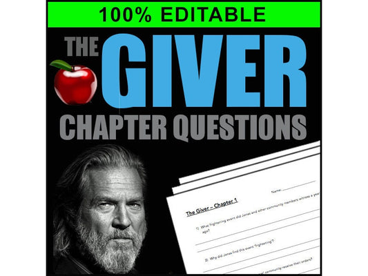 THE GIVER - Book Chapter Comprehension Questions & Answers - 100% Editable // Printable Teacher School Resource // Language Arts // Reading