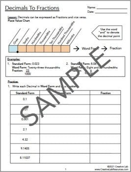 Math Decimals To Fractions - Mixed Numbers - Worksheets // Printable Teaching Resource // No Prep Classroom //