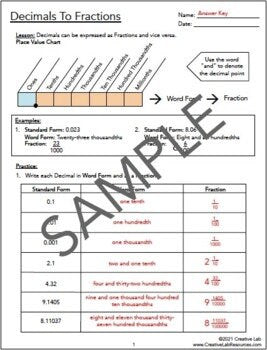 Math Decimals To Fractions - Mixed Numbers - Worksheets // Printable Teaching Resource // No Prep Classroom //