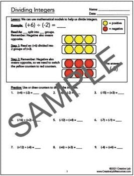 Math Dividing Integers - Lesson & Practice Questions // Printable Teaching Resource // No Prep Classroom //