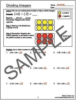 Math Dividing Integers - Lesson & Practice Questions // Printable Teaching Resource // No Prep Classroom //