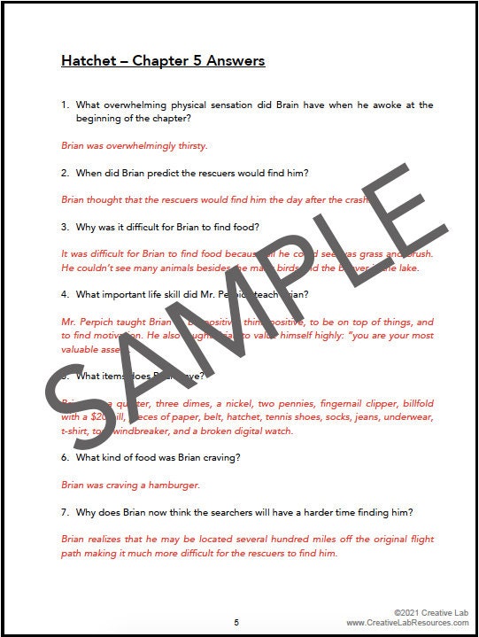 Hatchet - Book Chapter Comprehension Questions & Answers - 100% Editable // Printable Teacher School Resource // English Literature Reading