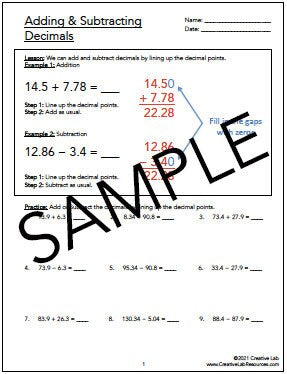 Adding and Subtracting Decimals - Lesson and Practice Questions // Printable Teaching Resource // No Prep Classroom // Math