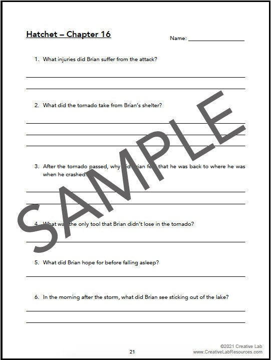 Hatchet - Book Chapter Comprehension Questions & Answers - 100% Editable // Printable Teacher School Resource // English Literature Reading