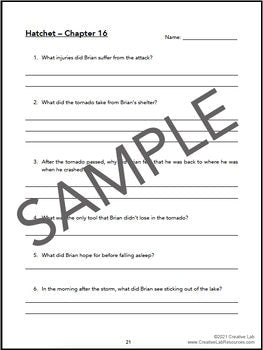 Hatchet - Book Chapter Comprehension Questions & Answers // Printable Teacher School Resource // English Language Arts Reading Literature