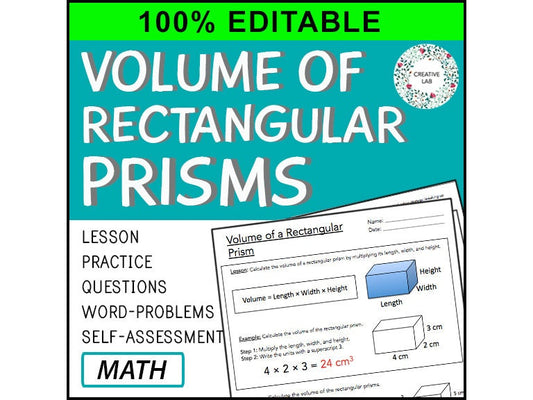 Volume of Rectangular Prisms - Lesson & Practice Questions - 100% Editable // Printable Teaching Resource // No Prep Classroom //