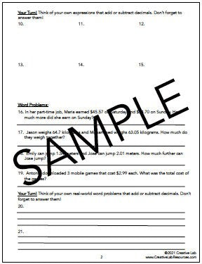 Adding and Subtracting Decimals - Lesson and Practice Questions // Printable Teaching Resource // No Prep Classroom // Math