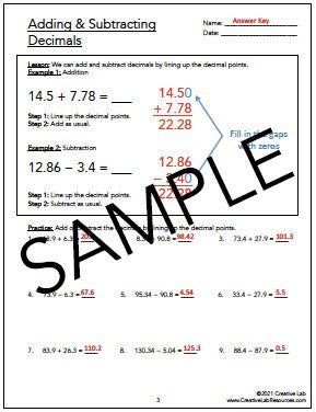 Adding and Subtracting Decimals - Lesson and Practice Questions // Printable Teaching Resource // No Prep Classroom // Math