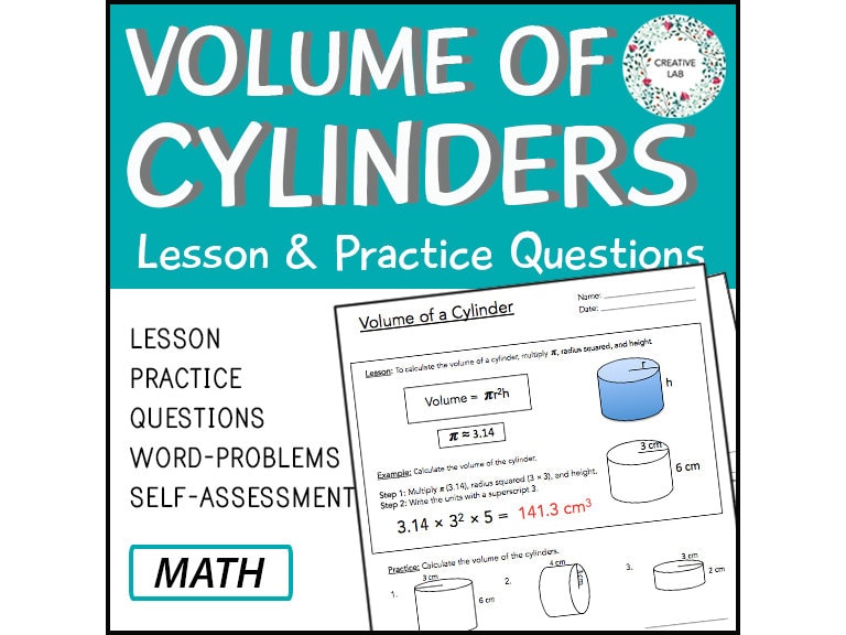 Volume of Cylinders - Lesson & Practice Questions // Printable Teaching Resource // No Prep Classroom //