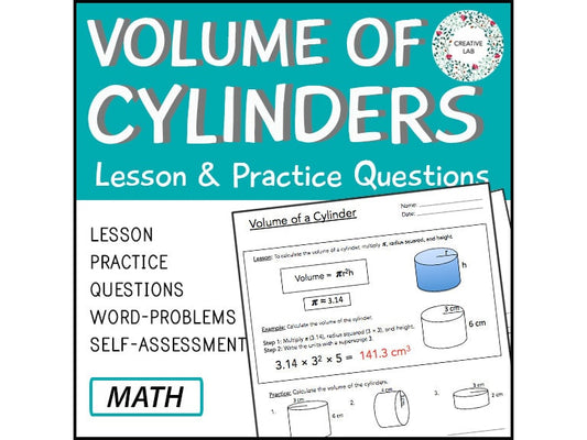 Volume of Cylinders - Lesson & Practice Questions // Printable Teaching Resource // No Prep Classroom //