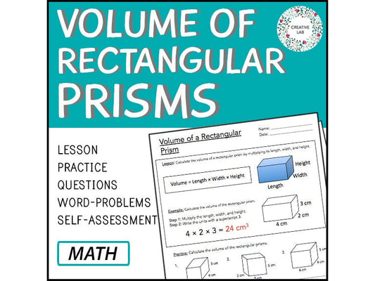 Volume of Rectangular Prisms - Lesson & Practice Questions // Printable Teaching Resource // No Prep Classroom //